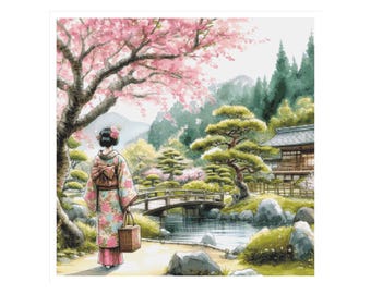 Cross stitch garden, cross stitch geisha, japanese pattern, japanese garden, cross stitch, geisha cross stitch, japanese cross stitch