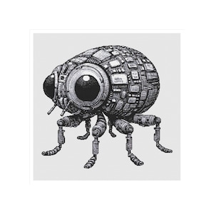Puede incluir: Ilustración en blanco y negro de un insecto mecánico. El insecto tiene un ojo grande y detallado y un cuerpo compuesto por componentes de placa de circuito. Tiene múltiples patas articuladas, lo que le da una apariencia robótica.