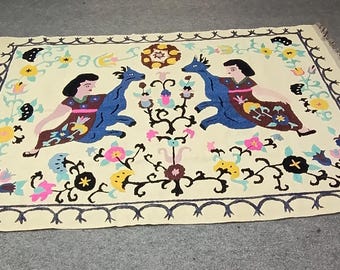 Handgeborduurd wollen kelimtapijt, kinderkamerdecoratie