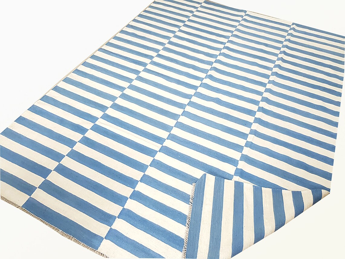 Striped rug blue and white rug kilim rug dhurrie rug flat Etsy