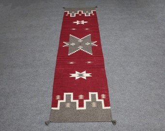 Red Wool Navajo inspired Runner Rug, Authentic Design