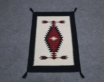 Red and Beige Navajo inspired Runner Rug, Flatweave Kilim Style