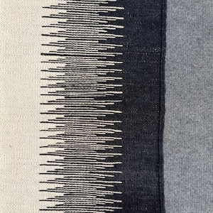 May include: A black and white woven rug with a geometric pattern. The rug has a fringe border and is made of natural fibers.