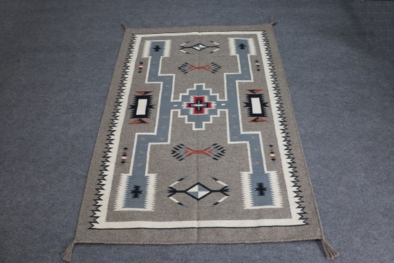 Gray Navajo Inspired Area Rug, Multicolor Boho Rug, Bespoke Design