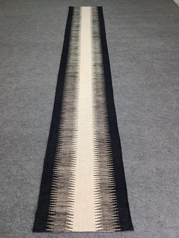Black and Beige Kilim Runner Rug: Flatweave Zigzag Stair Rug