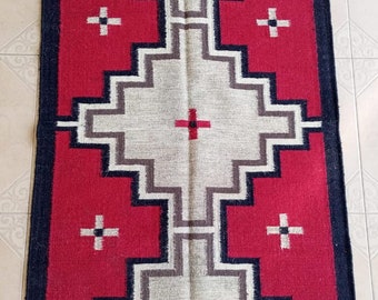 Red Navajo inspired Runner Rug, Hand-Knotted Wool Corridor Rug