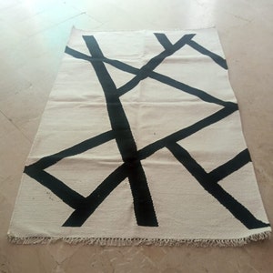 Black and ivory / white rug, striped rug, kilim rug, large area rug, 8x10 area rug, 9x12 striped rug, 6x9 kilim rug, 10x14 dhurrie rug.