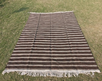 Handmade Wool Kilim Rug: Brown & Camel Striped Turkish Rug