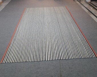 Striped Kilim Rug, Black and White Area Rug, Custom Size