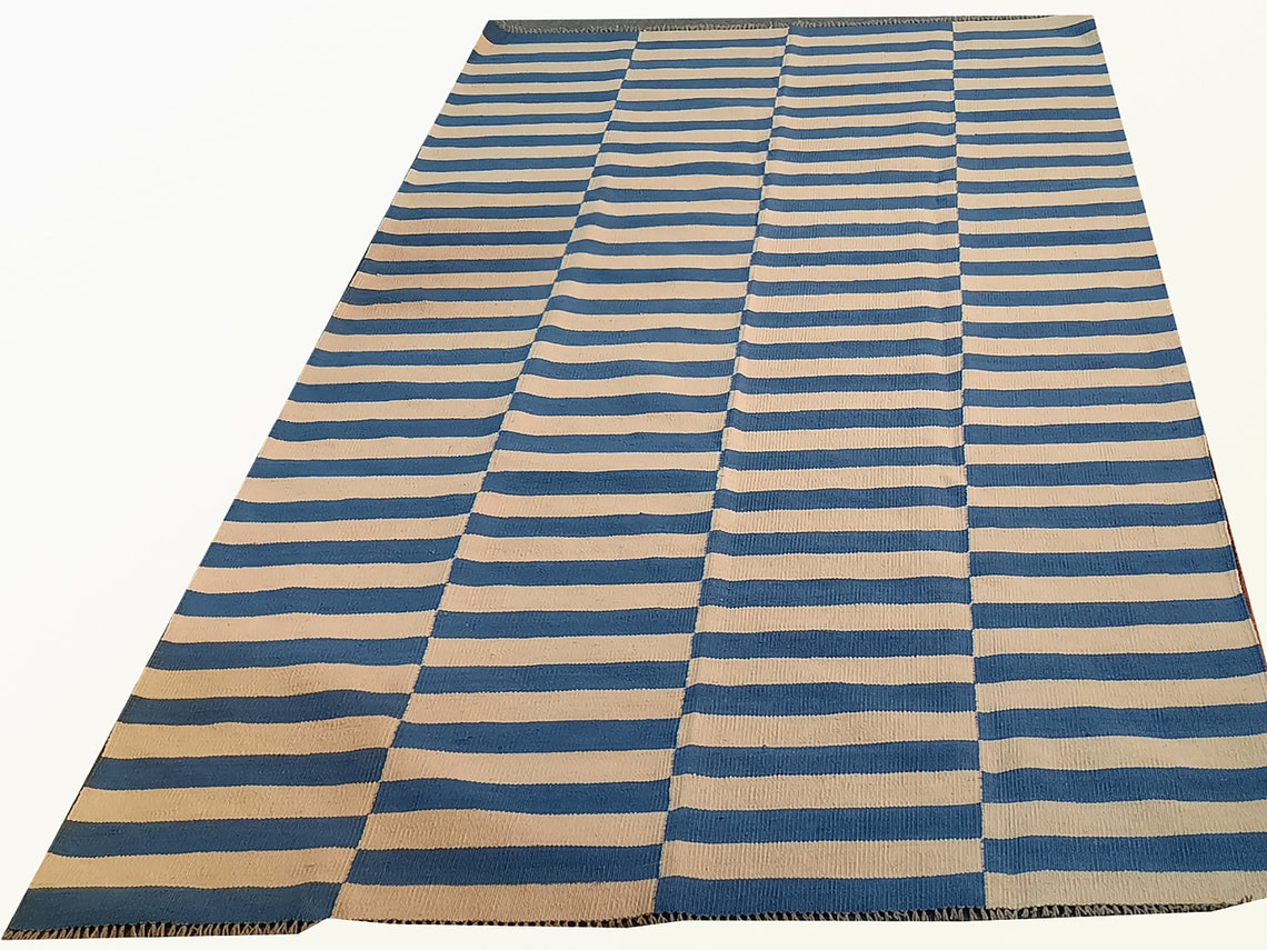 Blau-weißer Teppich gestreifter Teppich Kelimteppich | Etsy