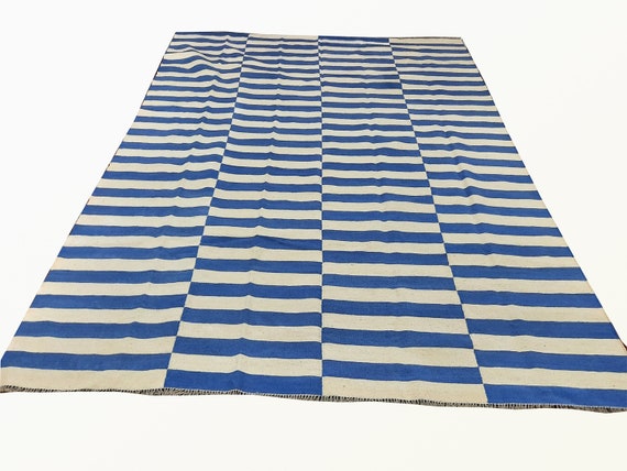 Blue and White Striped Rug: Custom Size Kilim Rug