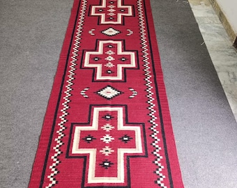 Red Navajo inspired Wool Runner Rug, Corridor Stair Rug, Custom Size