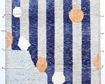 Blue & White Striped Moroccan Wool Rug: Hand-Knotted Berber Style
