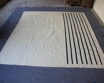Striped Kilim Rug: Black and Ivory Flat Weave Area Rug