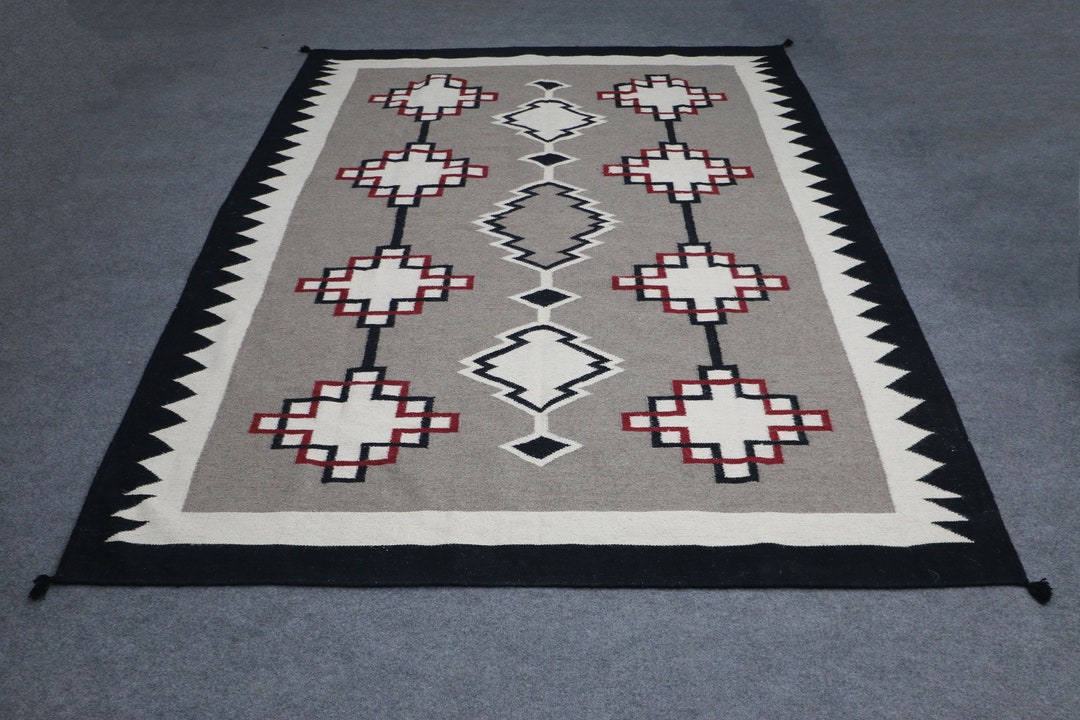 Hand Knotted Wool Navajo Inspired Rug, Grey and Black Geometric