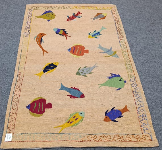 Fish Design Embroidered Rug: Multicolor Kilim Runner - Etsy Denmark