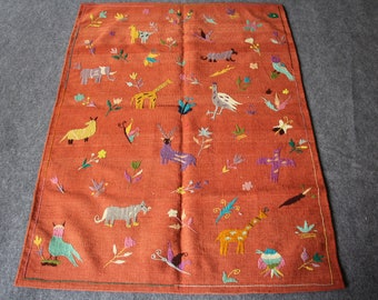 Orange embroidery rug, multicolor kilim rug, baby rug, animal design rug, designer rug, embroided kilim rug, wall decoration rug, 8x10 rug