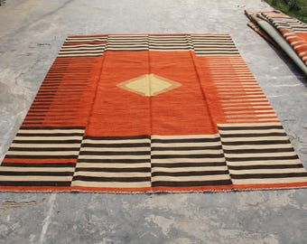 Handmade Orange Kilim Rug: Striped Flatweave Wool Dhurrie