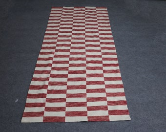 Striped Kilim Rug: Red Flat Weave Dhurrie Rug