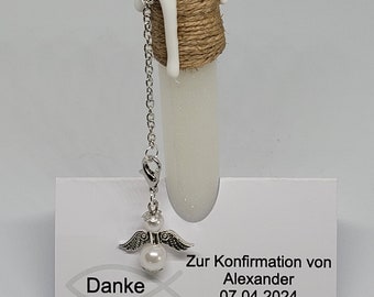 Gastgeschenk für Kommunion, Konfirmation und Taufe, Reagenzgläschen mit Schutzengel in Weiß + Karte Personalisiert