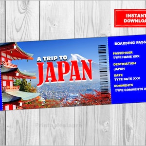 Printable Ticket to Japan Boarding Pass, Customizable Template, Digital File, You Fill and Print, INSTANT DOWNLOAD