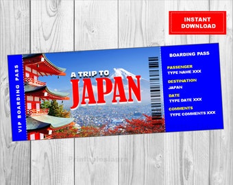 Printable Ticket to Japan Boarding Pass, Customizable Template, Digital File, You Fill and Print, INSTANT DOWNLOAD