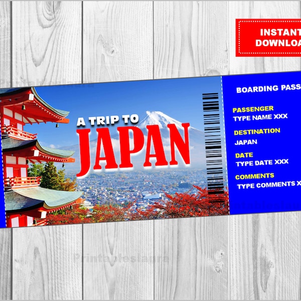 Billet imprimable pour la carte d'embarquement au Japon, modèle personnalisable, fichier numérique, vous remplissez et imprimez, TÉLÉCHARGEMENT INSTANTANÉ