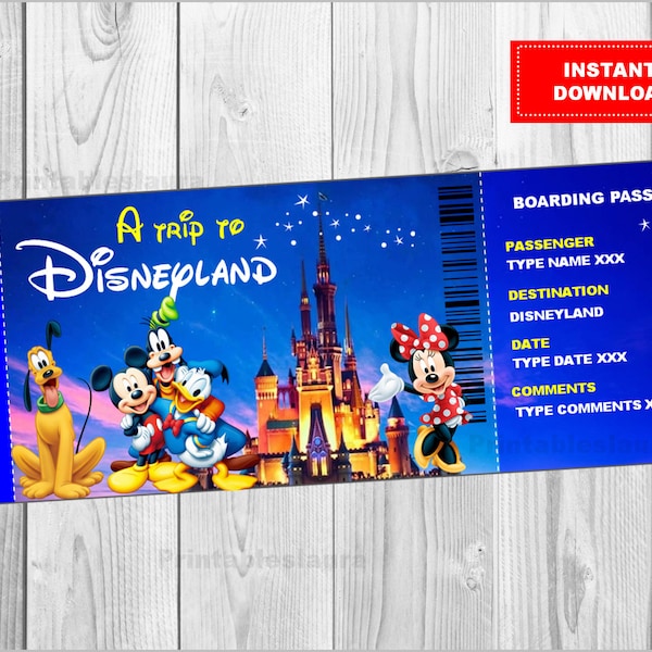 Customizable Boarding Pass, A Trip to Disneyland - Disneyworld, Surprise Trip Ticket to PARK, Printable Vacation Ticket INSTANT DOWNLOAD