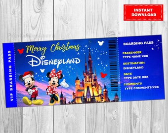 Boleto de viaje sorpresa de Navidad a Disneyland, DisneyWorld, tarjeta de embarque, boleto de Mickey Mouse, archivo editable, ¡personalice con Adobe Reader!