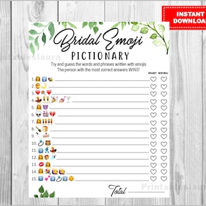 Bridal Shower Game Pictionary, EMOJI Pictionary, Greenery, Instant Download, diy Bridal Shower Printables, ANSWERS included