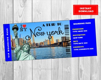 Printable Ticket to New York Boarding Pass, Customizable Template, Digital File, You Fill and Print, INSTANT DOWNLOAD