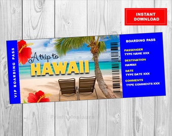 Printable Ticket to Hawaii Boarding Pass, Customizable Template, Digital File, You Fill and Print, INSTANT DOWNLOAD