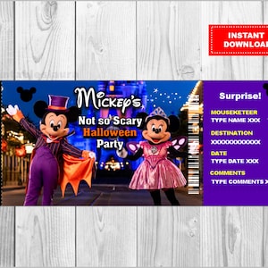 Puede incluir: Una invitación imprimible para una fiesta de Halloween con Mickey y Minnie Mouse vestidos con disfraces. La invitación es morada y amarilla con el texto "Mickey's Not so Scary Halloween Party" y "Surprise!" con espacio para completar los detalles de la fiesta.