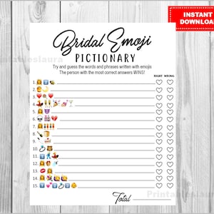 Bridal Shower Game Pictionary, EMOJI Pictionary, Rustic, Instant Download, diy Bridal Shower Printables, ANSWERS included