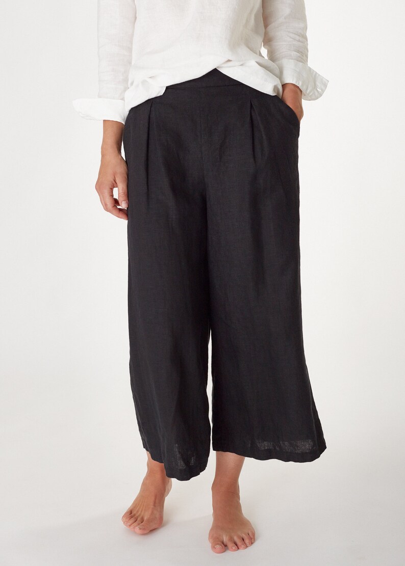 Black linen wide leg pants Culottes Women's loose trousers | Etsy