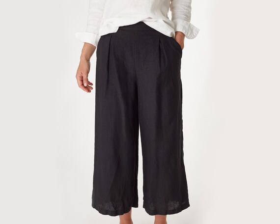 Black linen wide leg pants Culottes Women's loose trousers | Etsy