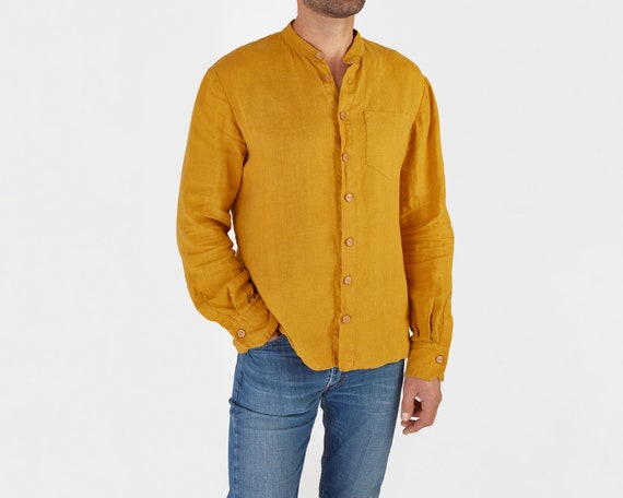Mustard yellow button up shirt men's Clearance