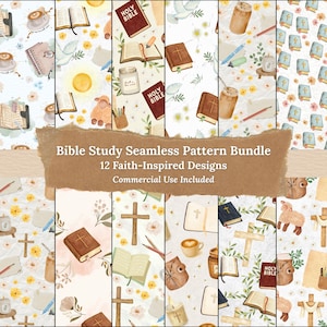 May include: A collection of 12 faith-inspired seamless patterns. The designs feature watercolor illustrations of open books, crosses, coffee cups, pencils, and the text "HOLY BIBLE". The patterns are set against a white background with floral accents.