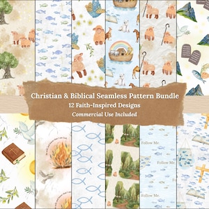May include: A collection of 12 faith-inspired seamless patterns with Christian and biblical themes. The patterns feature illustrations of sheep, fish, doves, the ark, and other religious symbols. The text on the image reads "Christian & Biblical Seamless Pattern Bundle".