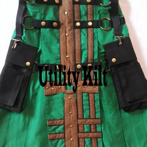 Mens Fashion Green Utility Kilt With Black Side Pockets And Front Brown Strapes