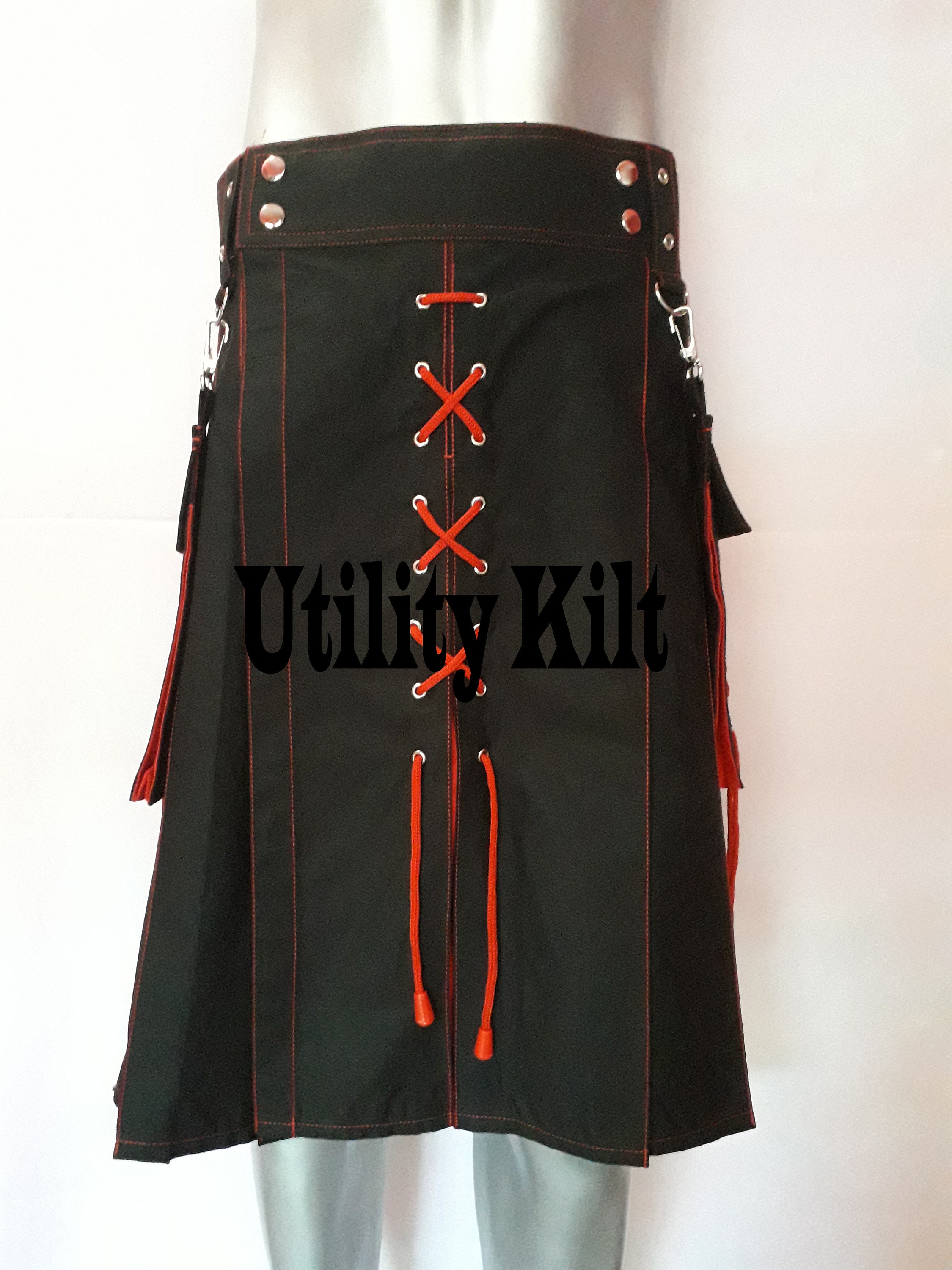 Red and Black Hybrid Handmade Cotton Utility Kilt for Men