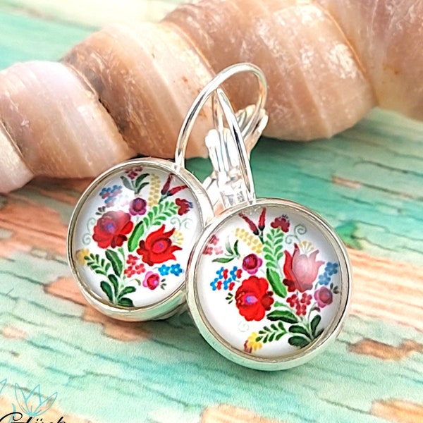Flower earrings hanging, beautiful gift for women, hanging earrings silver, cabochon earrings, earrings flowers, hanging earrings