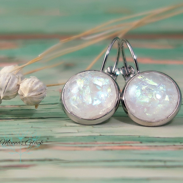 elegant earrings, hanging earrings silver colors, cabochon earrings, mother-of-pearl earrings, unusual gifts for women, resin earrings