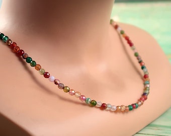 Achat Kette, bunte Edelsteinkette, Perlenkette, Geschenk für Frauen, Edelstein Perlenkette, Achatsteine, Schmuckset