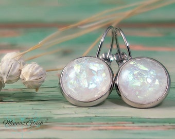 elegant earrings, hanging earrings silver colors, cabochon earrings, mother-of-pearl earrings, unusual gifts for women, resin earrings