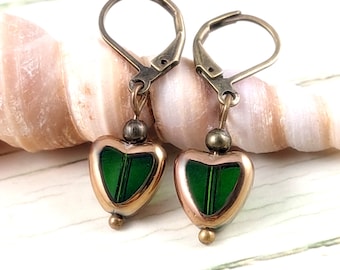 Heart earrings, vintage earrings, small gifts for girlfriend, green earrings, hanging earrings vintage, vintage jewelry, hanging earrings