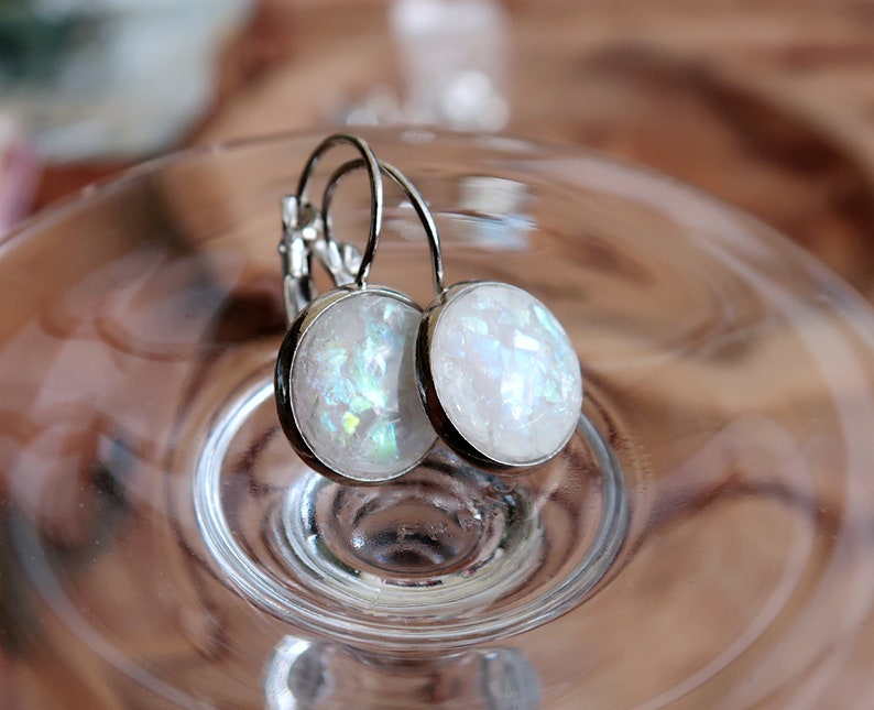 elegant earrings, hanging earrings silver colors, cabochon earrings, mother-of-pearl earrings, unusual gifts for women, resin earrings image 6