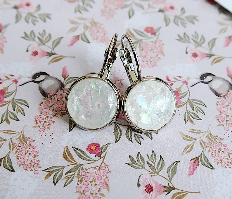 elegant earrings, hanging earrings silver colors, cabochon earrings, mother-of-pearl earrings, unusual gifts for women, resin earrings image 8