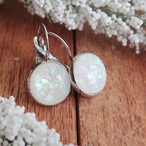 elegant earrings, hanging earrings silver colors, cabochon earrings, mother-of-pearl earrings, unusual gifts for women, resin earrings image 2