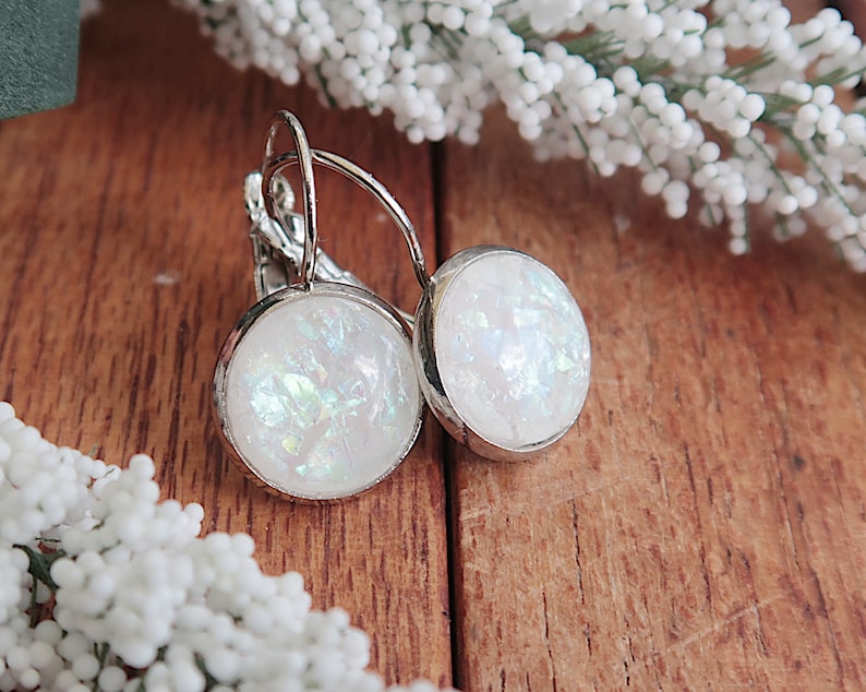 elegant earrings, hanging earrings silver colors, cabochon earrings, mother-of-pearl earrings, unusual gifts for women, resin earrings image 2